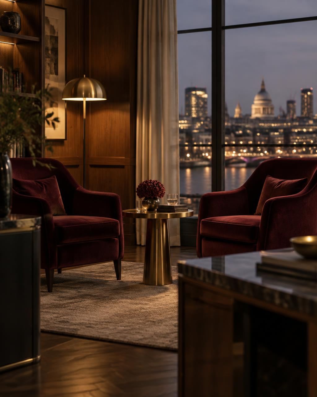 A quiet office with two burgundy armchairs facing each other at dusk